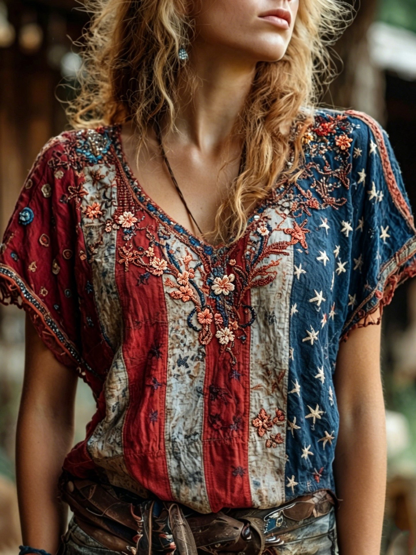 Cardydony Women's Bohemian Style American Flag And Floral Print Independence Day Celebration V-neck Short-sleeve Top