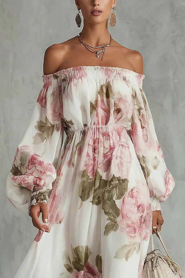 Cardydony Women's Floral Print Off-Shoulder Long-Sleeve Elastic Waist-Defining Maxi Dress