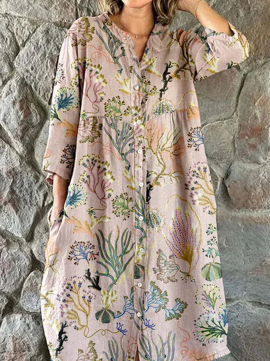 Cardydony Women's Elegant Vintage Floral Print Shirt Style Cotton And Linen Dress