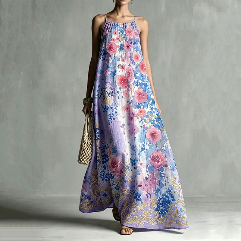 Cardydony Women's Loose Romantic Oil Painting Print Slim Collar Maxi Dress