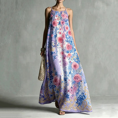 Cardydony Women's Loose Romantic Oil Painting Print Slim Collar Maxi Dress
