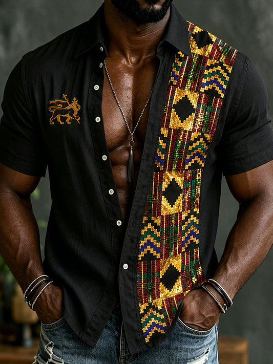 Cardydony Men's Retro Lion Of Judah Ethnicpatchwork Art Casual Linen Short Sleeves Shirt