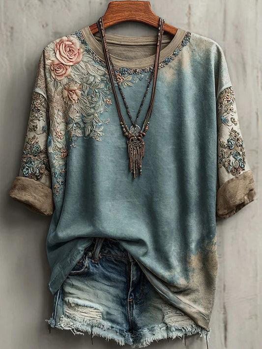 Cardydony Women's Retro Bohemian Floral Casual T-shirt