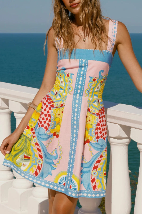 Cardydony Women's Unique Print Square Neck Sleeveless Casual Pocket Mini Dress