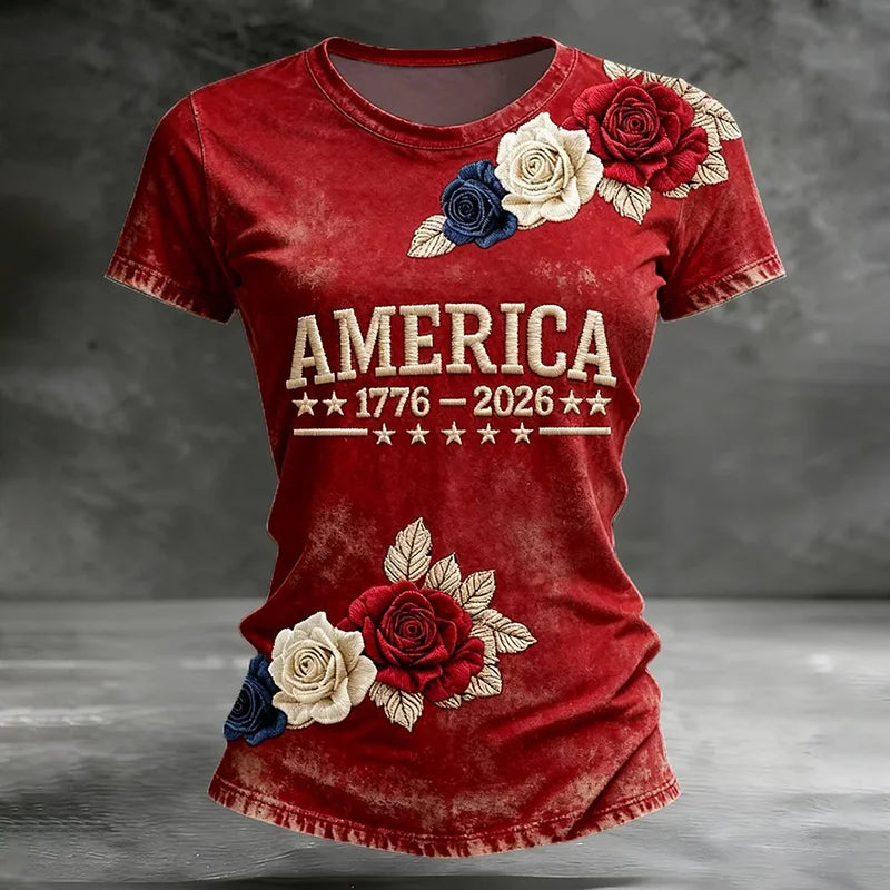 Cardydony Women's Casual American 250th Anniversary In Rose Art Casual T Shirt