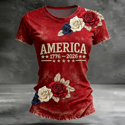 Cardydony Women's Casual American 250th Anniversary In Rose Art Casual T Shirt