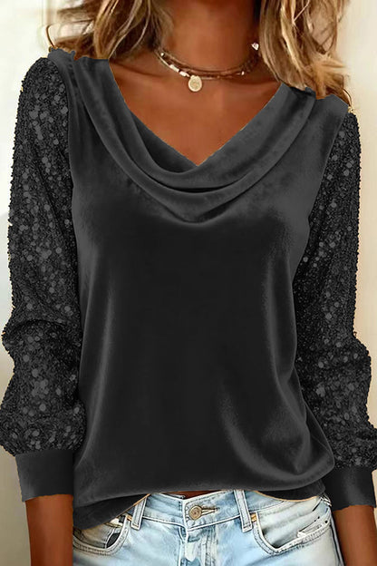 Cardydony Women's Stylish Velvet Sequin Patchwork Long-sleeved Casual Top