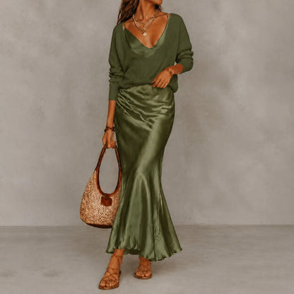 Cardydony Elegance Long-sleeved Knit Top + Satin Slip Dress Two-piece Set