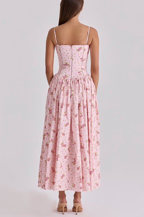 Cardydony Women's Romantic Countryside Stretch Cotton Blend Floral Print Cutout Trim Slip Midi Dress