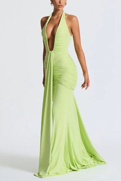 Cardydony Women's Solid Color Elegant Halterneck V-neck Open Back Tie Gathered Maxi Dress