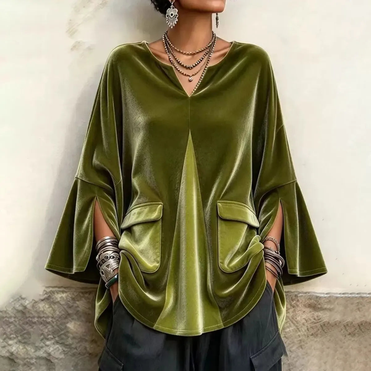 Cardydony Women's Fall Winter Cozy Elegant V-neck Olive Velvet Tunic Top