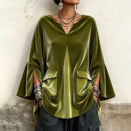 Cardydony Women's Fall Winter Cozy Elegant V-neck Olive Velvet Tunic Top
