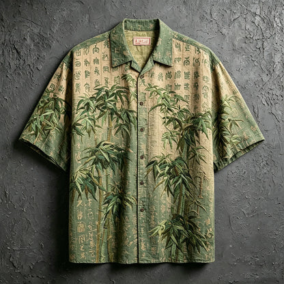 Cardydony Vintage East Asian Bamboo & Ancient Script Woven Shirt, Heavy Texture Embroidered Short Sleeve Vacation Blouse