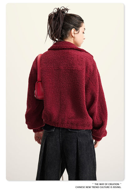 Cardydony Women's Cropped Fleece Jacket | Contrast Collar Winter Warm