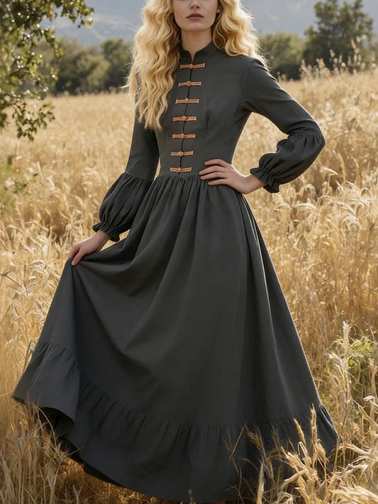 Cardydony Vintage Elegant Bell Sleeves Pleated Linen Maxi Dress