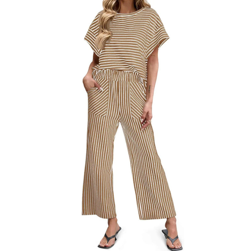 Cardydony Striped Short Sleeve T-shirts Wide Leg Pants Two Piece Set