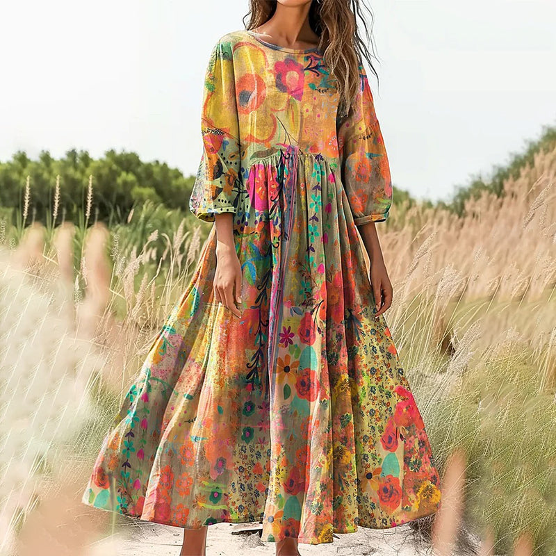 Cardydony Women's Retro Watercolor Floral Collage Art Print Casual Cotton Linen Dress