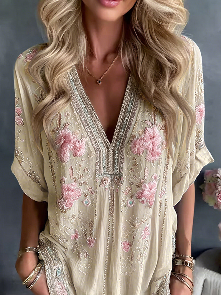Cardydony Women's Retro Pink Floral Art Casual Linen Blend T-shirt