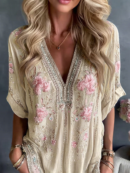Cardydony Women's Retro Pink Floral Art Casual Linen Blend T-shirt