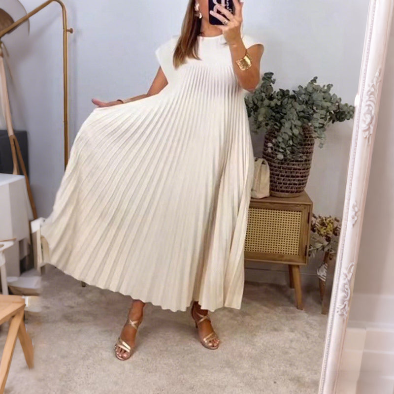 Cardydony Women's Elegant And Stylish Round-neck Pleated Maxi Dress
