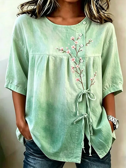Cardydony Vintage Pink Cherry Blossom Embroidered Art Crew Neck Tie-waist Shirt