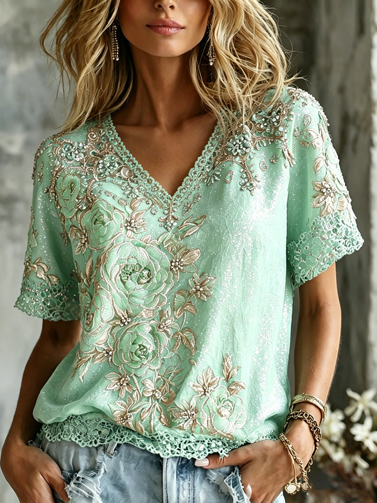Cardydony Women's Vintage Rose Floral Art Flowy Casual Linen Blend T-shirt