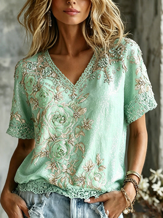 Cardydony Women's Vintage Rose Floral Art Flowy Casual Linen Blend T-shirt
