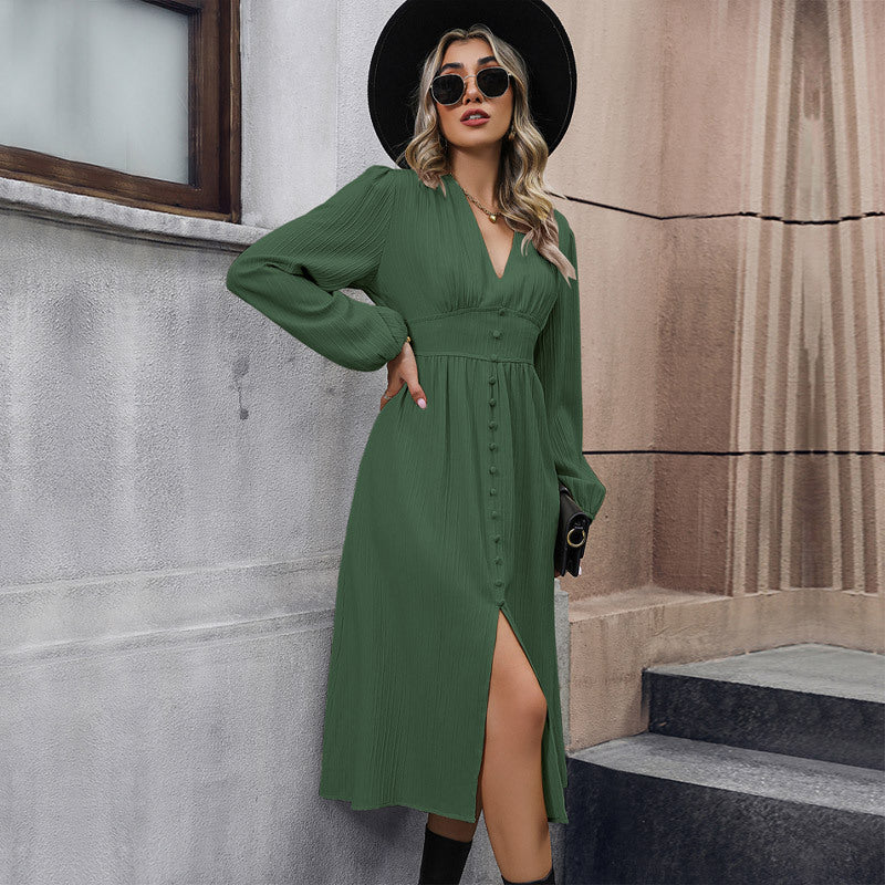 Cardydony Women's Elegant Split Midi Dress with Button Detailing - Spring Chic