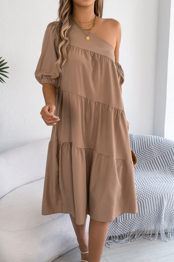 Cardydony Women's Solid Color Loose Slash Neck Short-sleeved Casual Midi Dress