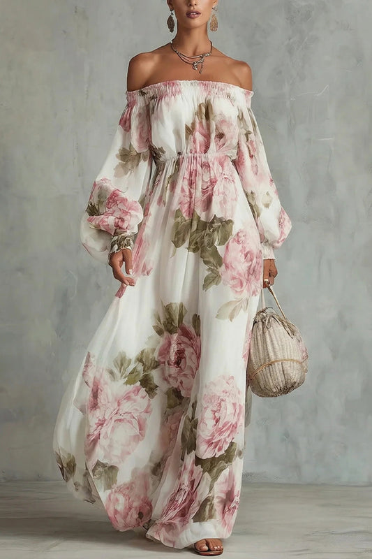 Cardydony Women's Floral Print Off-Shoulder Long-Sleeve Elastic Waist-Defining Maxi Dress