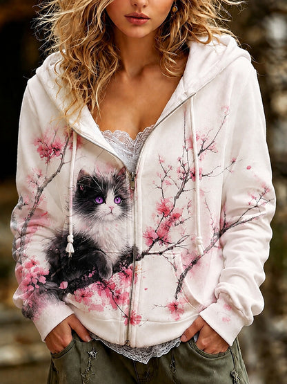 Cardydony Women's Cute Cat And Floral Pattern Art Casual Zip Up Hoodie