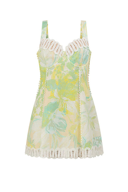 Cardydony Women's Stelle Linen Blend Floral Print Crochet Zig Zag Trim Back Lace-up Mini Dress
