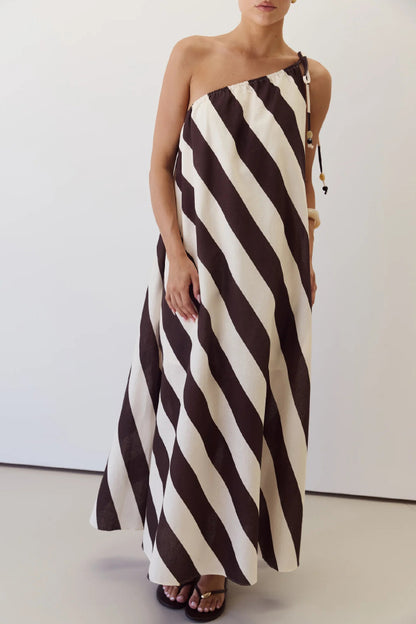 Cardydony Women's Fashionable Striped Print Loose One-shoulder Tie Vacation Maxi Dress