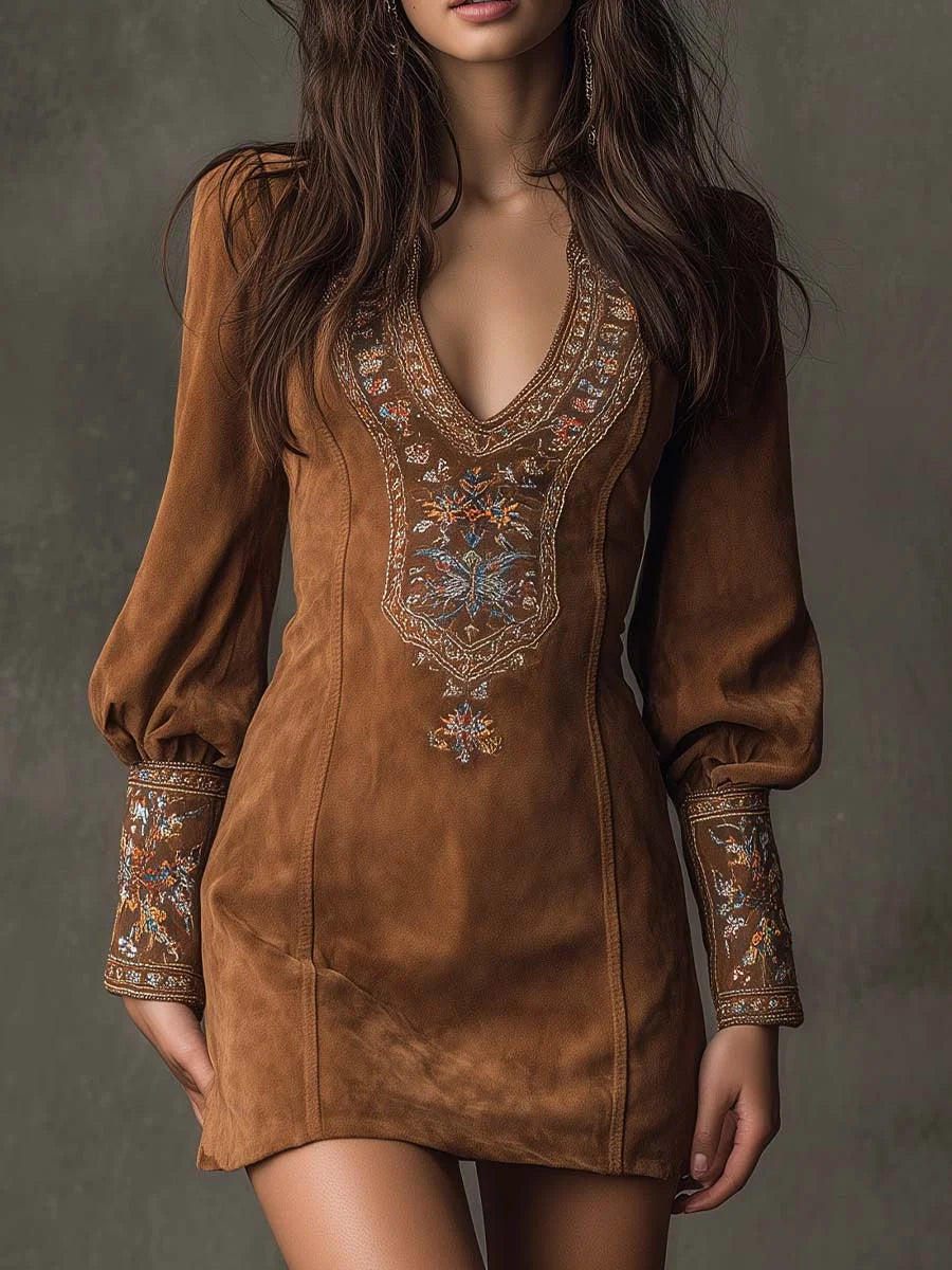 Cardydony Retro V-neck Embroidered Dress