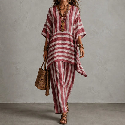 Cardydony Elegance V-neck Loose Striped Top + Loose Wide-leg Pants Two-piece Set