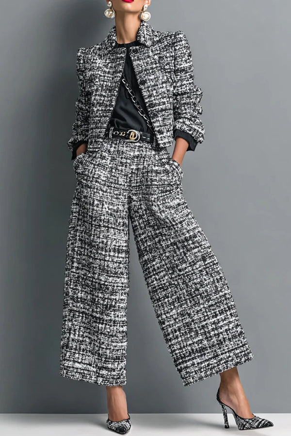 Cardydony Women's Stylish Long-sleeved Single-breasted Short Jacket and Casual Pocket Wide-leg Pants Sets