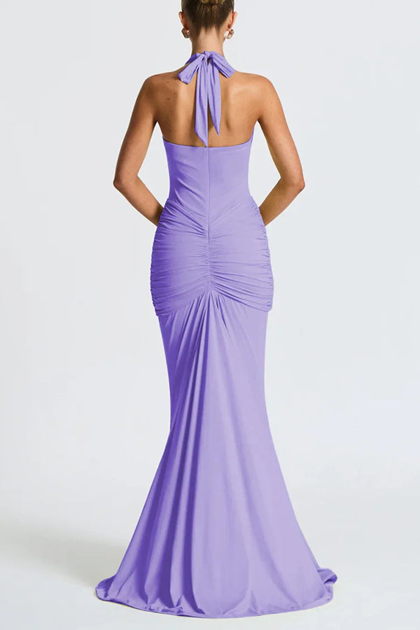 Cardydony Women's Solid Color Elegant Halterneck V-neck Open Back Tie Gathered Maxi Dress
