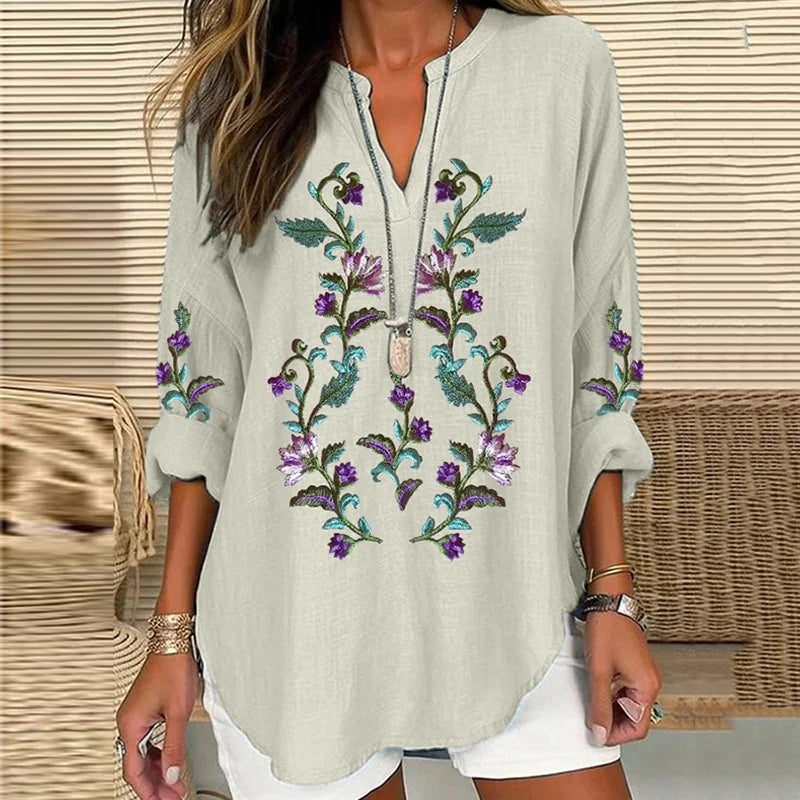 Cardydony Scottish Thistle Embroidered Linen Blend Blouses