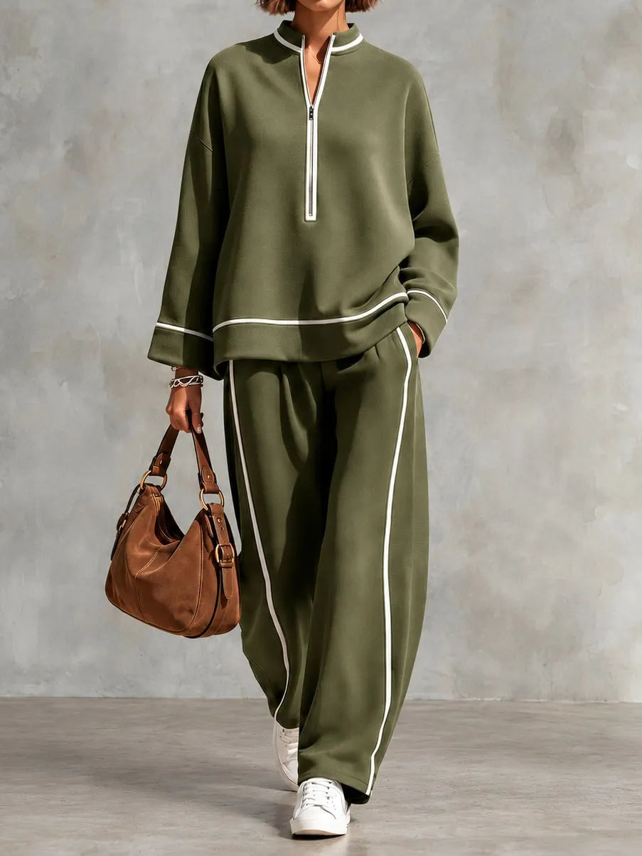 Cardydony Elegance Half-zip Pullover And Wide-leg Pants Set