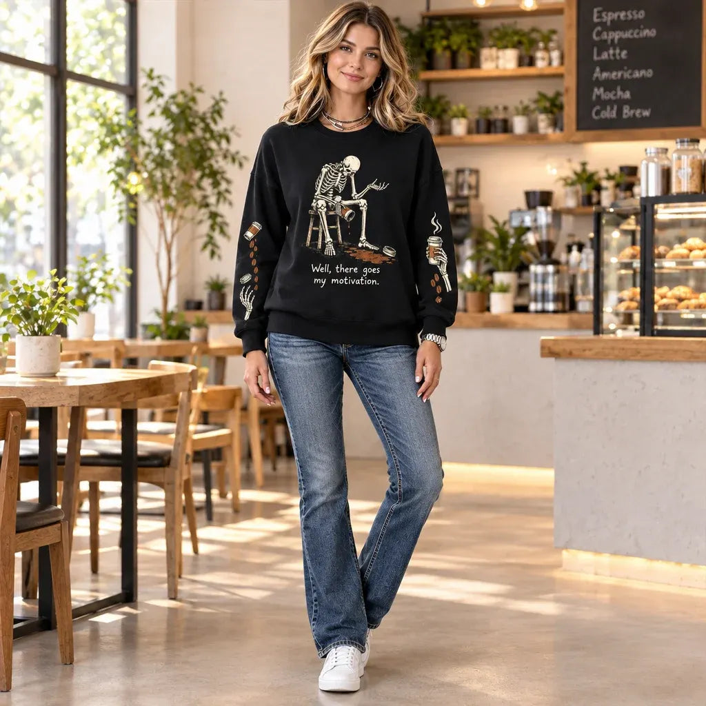 Cardydony Women's Gothic Spilled Coffee Skeleton Graphic Funny Quote Sweatshirt