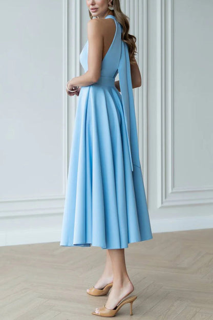 Cardydony Women's Solid Color Halter Neck Bow Tie Elegant Waist-cinching Midi Dress