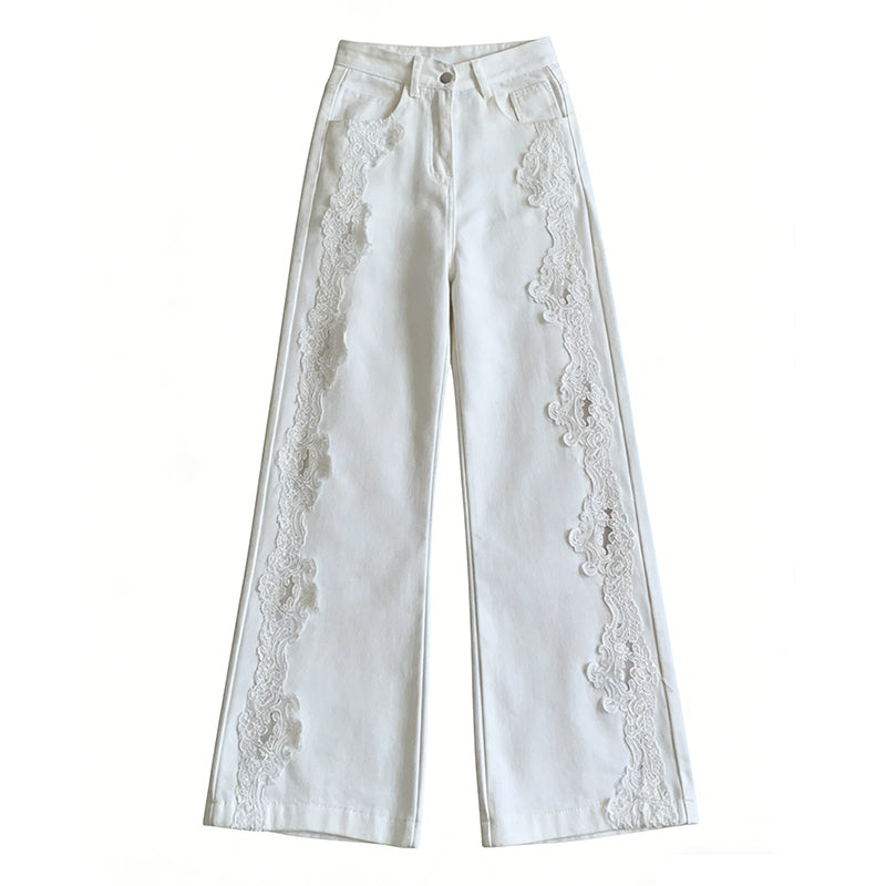 Cardydony Vintage Bohemian Lace-paneled Distressed Washed Denim Jeans