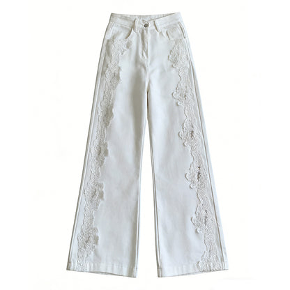 Cardydony Vintage Bohemian Lace-paneled Distressed Washed Denim Jeans