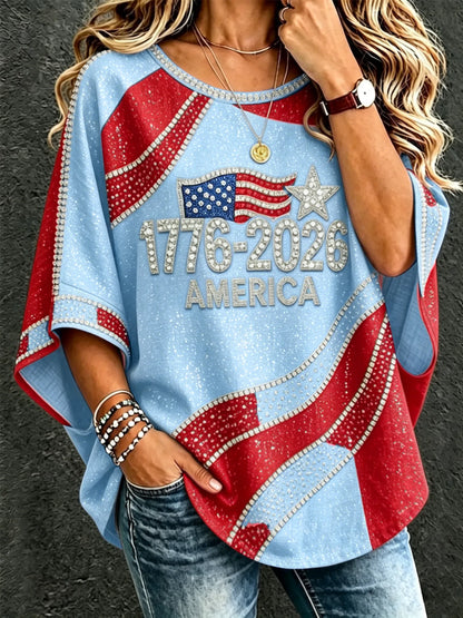 Cardydony Women's Vintage Independent Day Art Print Flowy Linen Blend Three-quarter Sleeve Round Neck Linen Tops