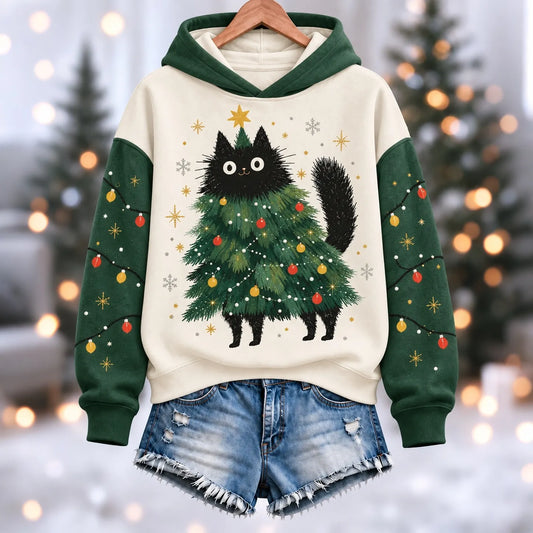 Cardydony Women's Christmas Funny Black Cat Casual Pullover Hoodies