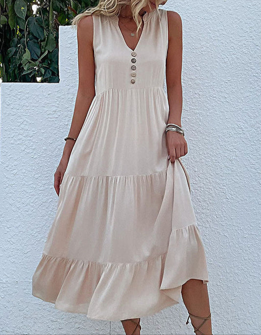 Cardydony Women's Sleeveless Tiered Midi Dress with Button Detail - Summer Must-Have