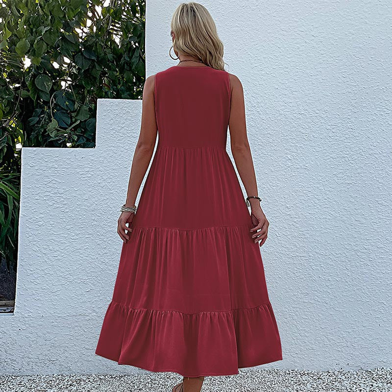 Cardydony Women's Sleeveless Tiered Midi Dress with Button Detail - Summer Must-Have