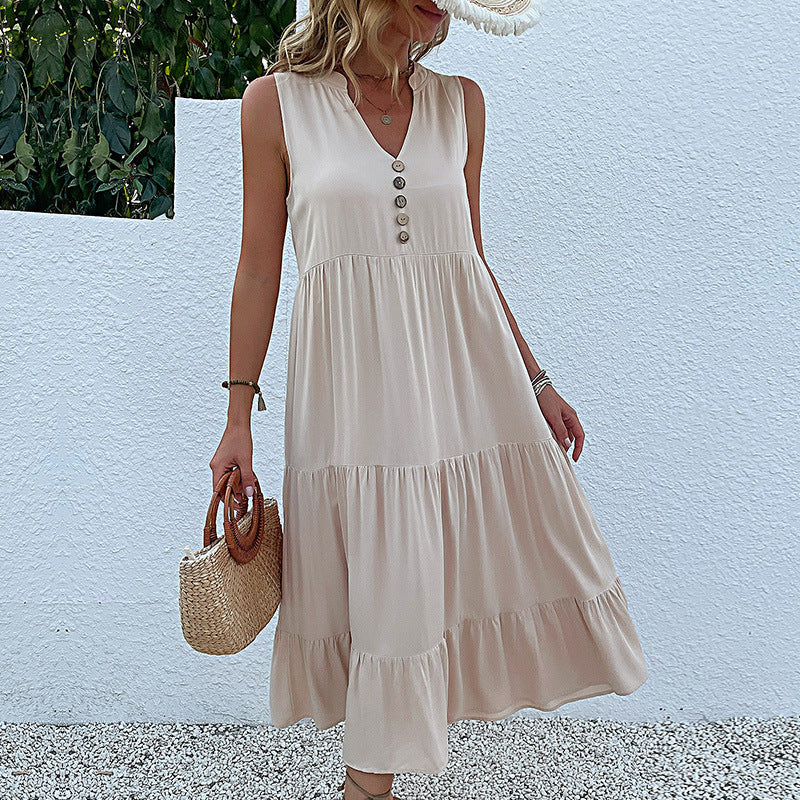 Cardydony Women's Sleeveless Tiered Midi Dress with Button Detail - Summer Must-Have