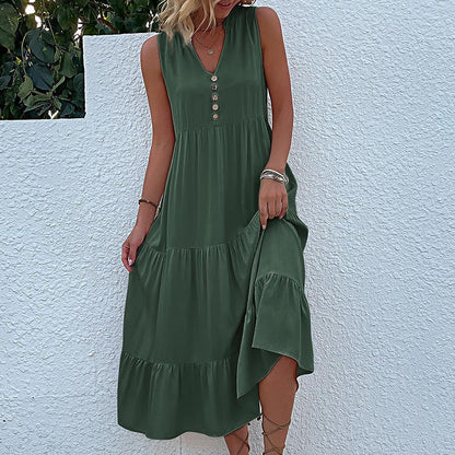 Cardydony Women's Sleeveless Tiered Midi Dress with Button Detail - Summer Must-Have