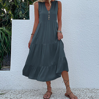 Cardydony Women's Sleeveless Tiered Midi Dress with Button Detail - Summer Must-Have